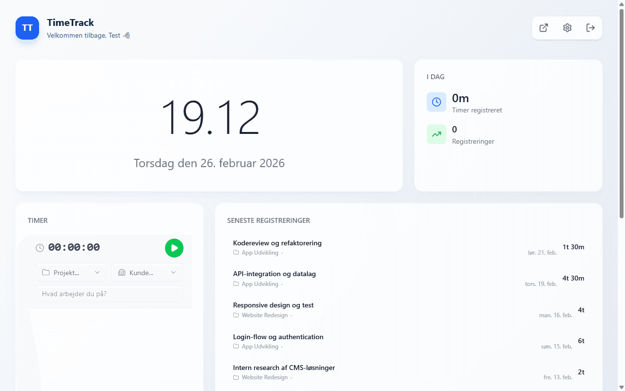 TimeTrack New Tab dashboard — dagens timer, klippekort og seneste registreringer